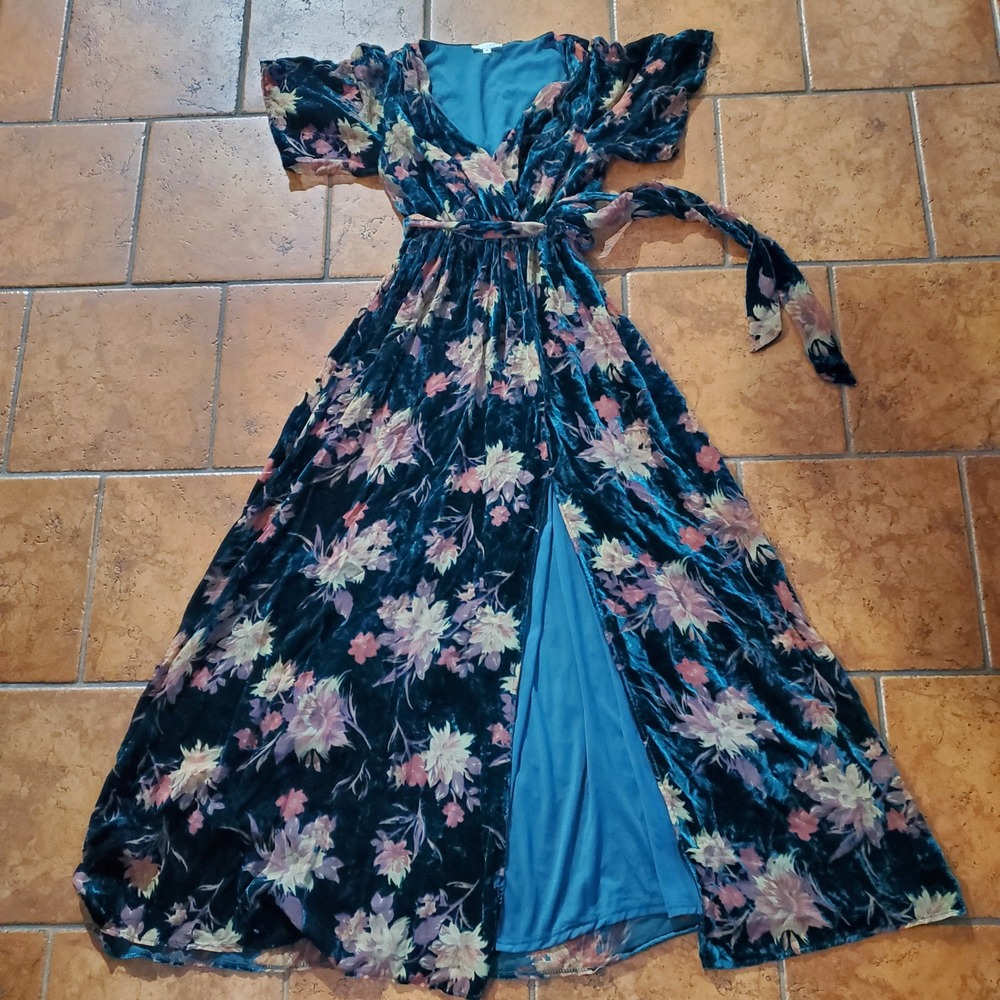 Baltic Born Lydia Teal Floral Velvet Maxi Dress Small Short Sleeve V-Neck - Picture 11 of 14